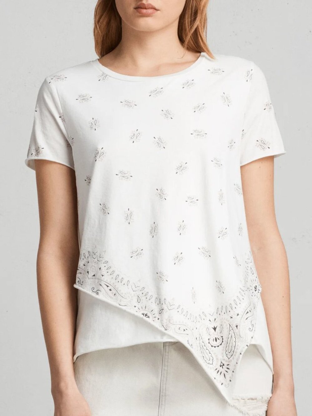 ALLSAINTS Bandana Daisy Tee XS White Double Layered Handkerchief Hem 100% Cotton